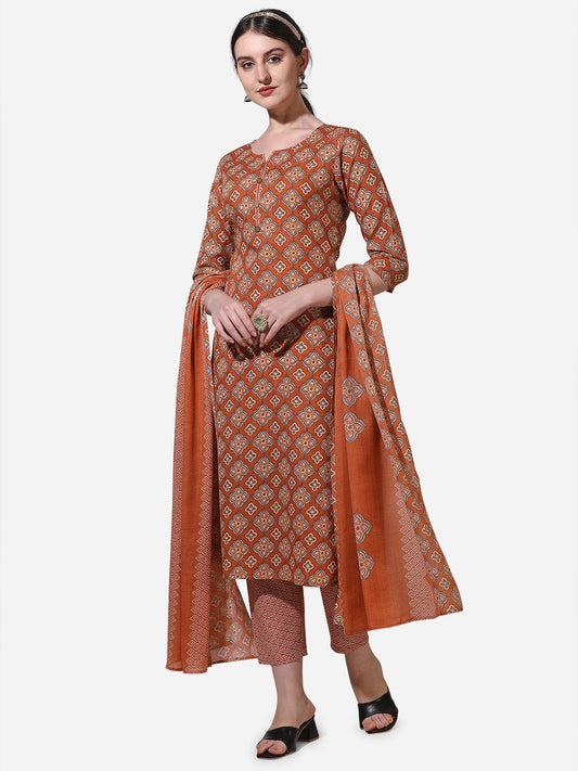 Floral Printed Rust Kurta With Pant And Dupatta Set, Multicolor - Hiral Fashion