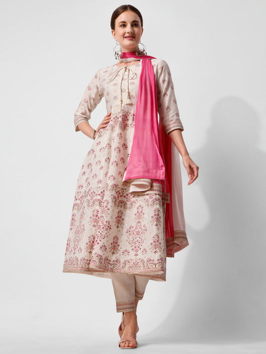 Anarkali Printed Kurta Suit With Pant And Dupatta Set, Multicolor - Hiral Fashion