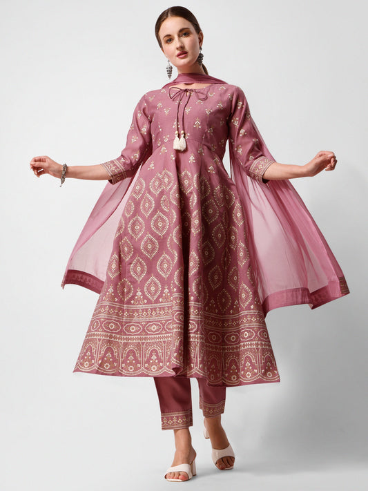 Anarkali Printed Kurta Suit With Pant And Dupatta Set, Multicolor - Hiral Fashion