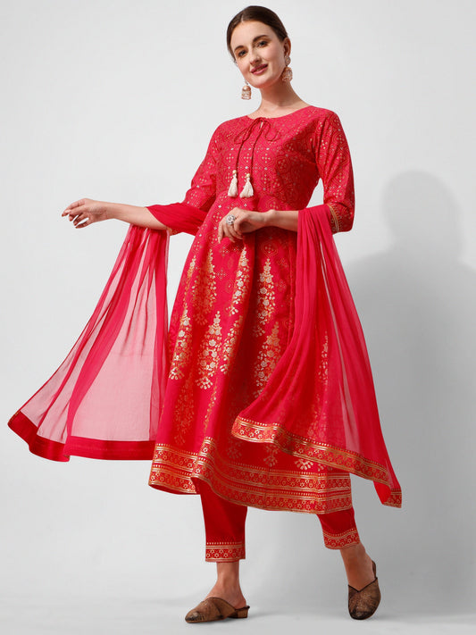 Anarkali Hot Printed Kurta Suit With Pant And Dupatta Set, Multicolor - Hiral Fashion