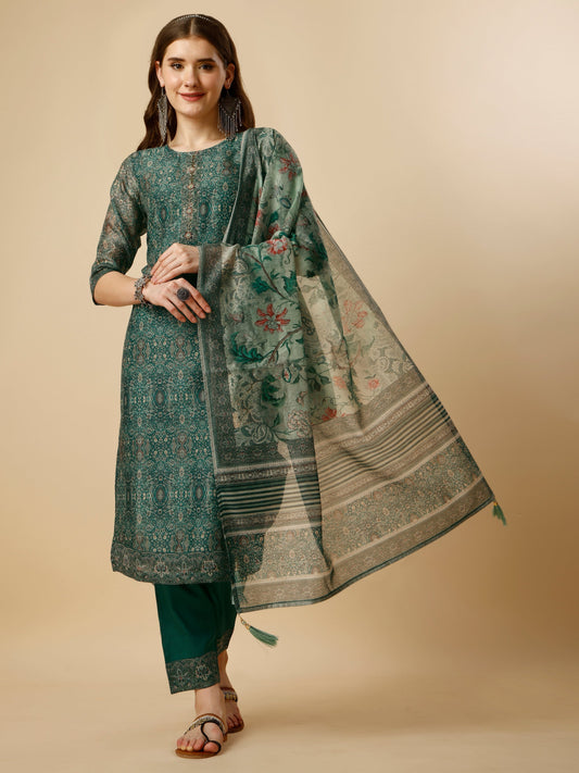 Printed Kurta With Pant And Dupatta Set, Multicolor - Hiral Fashion