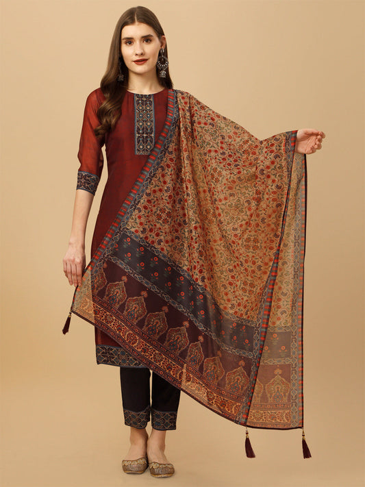 Embroidered And Printed Kurta With Pant And Dupatta Set, Multicolor - Hiral Fashion