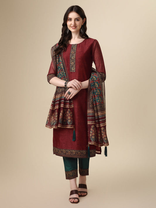 Printed & Hand Embroidered Kurta With Pant And Printed Dupatta Set, Multicolor - Hiral Fashion