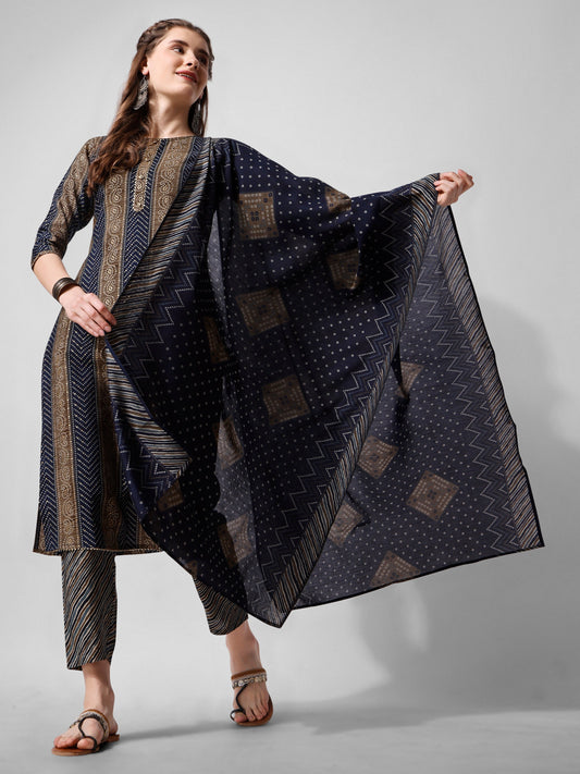 Printed Kurta With Pant And Dupatta Set, Multicolor - Hiral Fashion