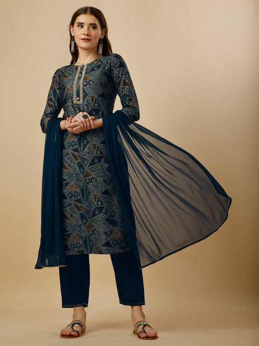 Geometric Printed Kurta With Pant And Dupatta Set, Multicolor - Hiral Fashion