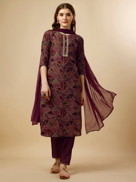 Printed Button And Embellished Kurta With Pant And Dupatta Set, Multicolor - Hiral Fashion