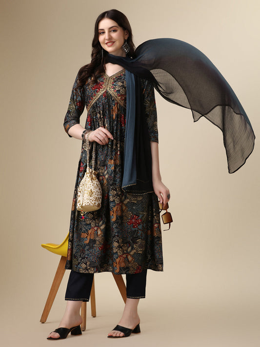 Alia Cut Kurta With Pant And Dupatta, Multicolor - Hiral Fashion