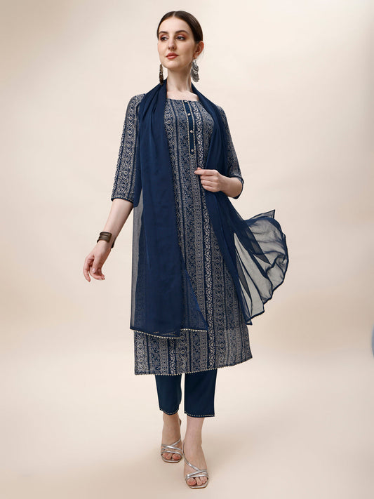 Printed Kurta With Pant And Dupatta Set, Multicolor - Hiral Fashion