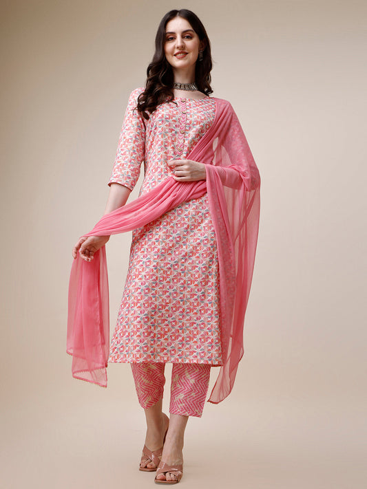 Printed Kurta With Pant And Dupatta Set, Multicolor - Hiral Fashion