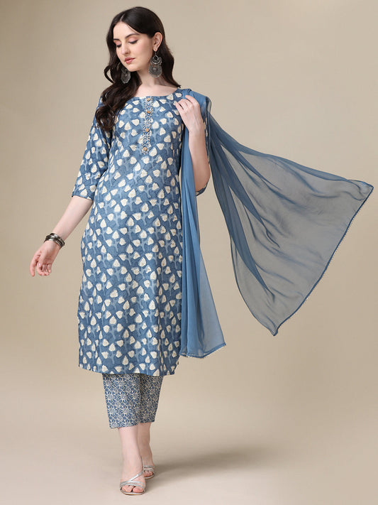 Printed Kurta With Pant & Dupatta Set, Multicolor - Hiral Fashion