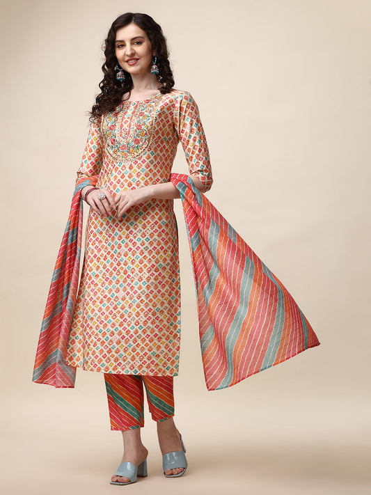 Ethnic Motif Printed & Embroidered Kurta With Pant And Dupatta Set, Multicolor - Hiral Fashion