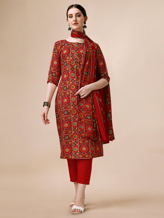 Cotton Printed Kurta With Pant & Dupatta Set, Multicolor - Hiral Fashion