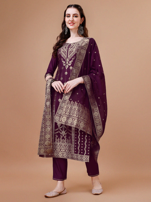 Pure Muslin Banarasi Jacquard Kurta Trousers & Dupatta, Multicolor - Hiral Fashion