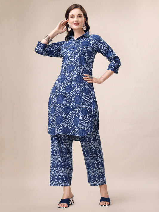 Printed Collar Kurta With Pant Co-Ordset, Multicolor - Hiral Fashion