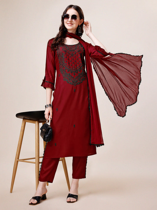 Embroidered Kurta With Pant And Dupatta Set, Multicolor - Hiral Fashion