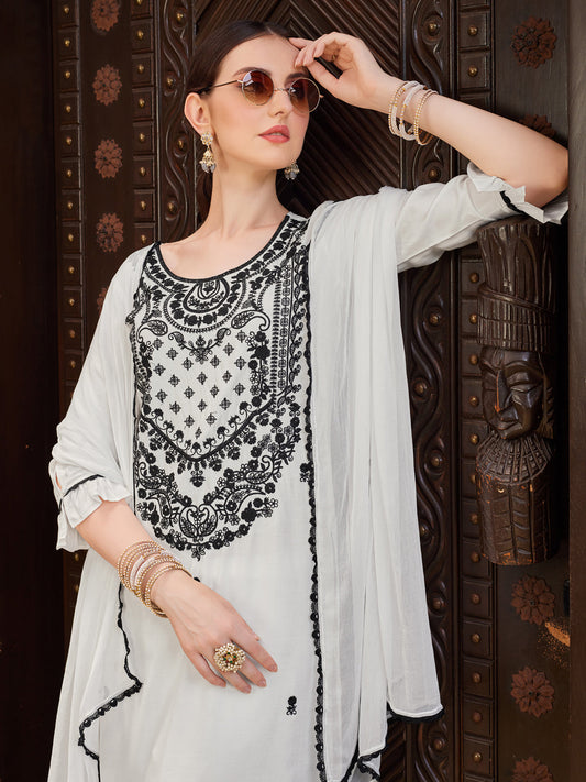 Embroidered Kurta With Pant And Dupatta Set, Multicolor - Hiral Fashion