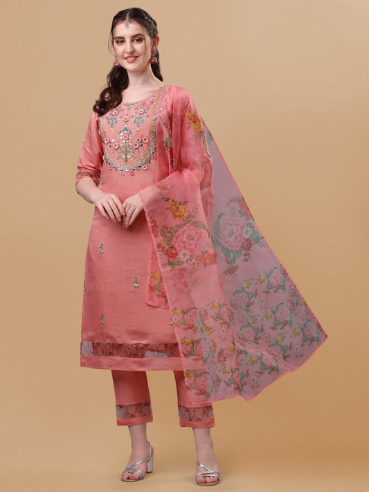 Embroidered Kurta With Pant & Dupatta Set, Multicolor - Hiral Fashion