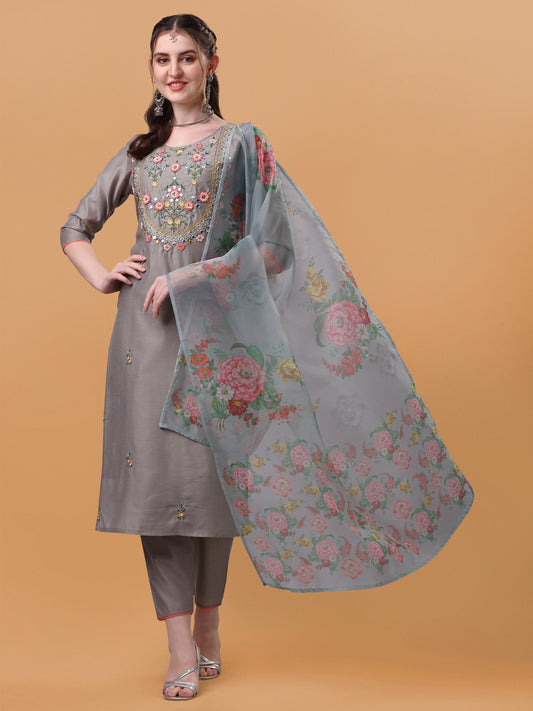 Hand Embroidered Kurta With Pant & Organza Printed Dupatta, Multicolor - Hiral Fashion