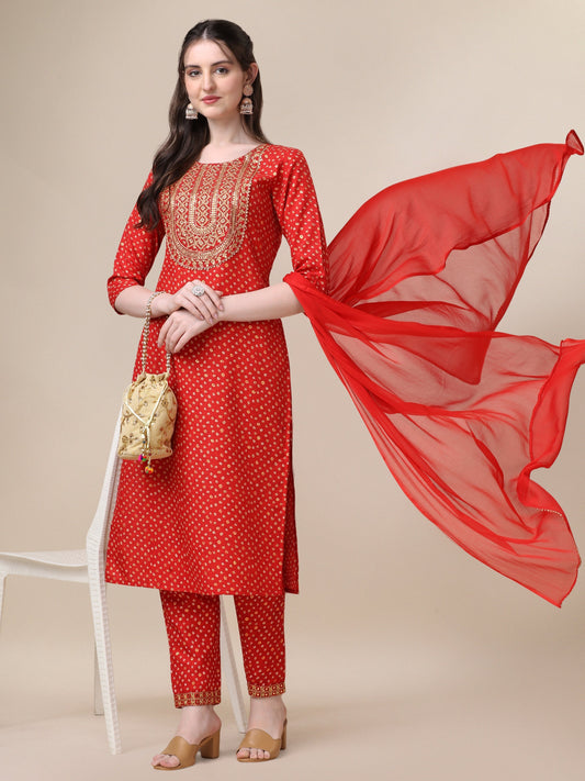 Embroidered Kurta With Pant And Dupatta Set, Multicolor - Hiral Fashion