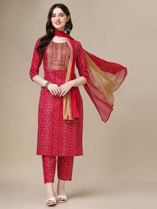 Bandhani Printed & Embroidered Kurta With Pant & Dupatta Set, Multicolor - Hiral Fashion