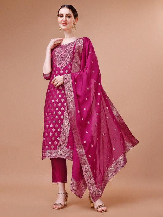 Pure Muslin Jacquard Kurta With Pant And Dupatta Set Premium, Multicolor - Hiral Fashion