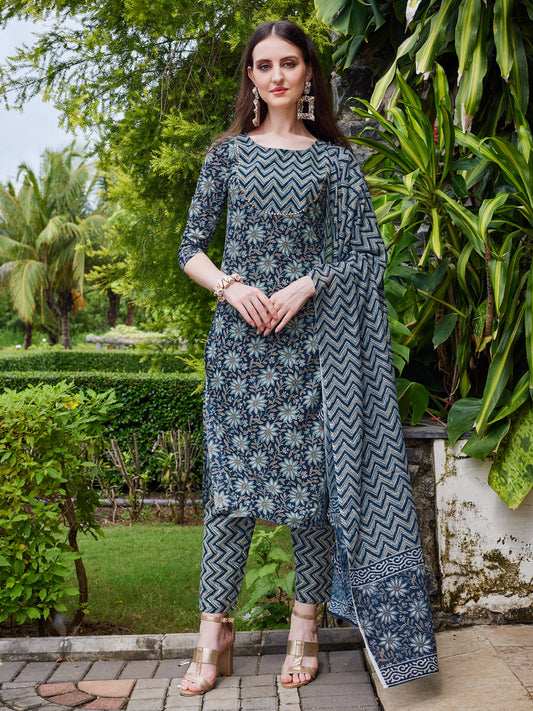 Floral Printed Kurta With Pant & Dupatta Set, Multicolor - Hiral Fashion