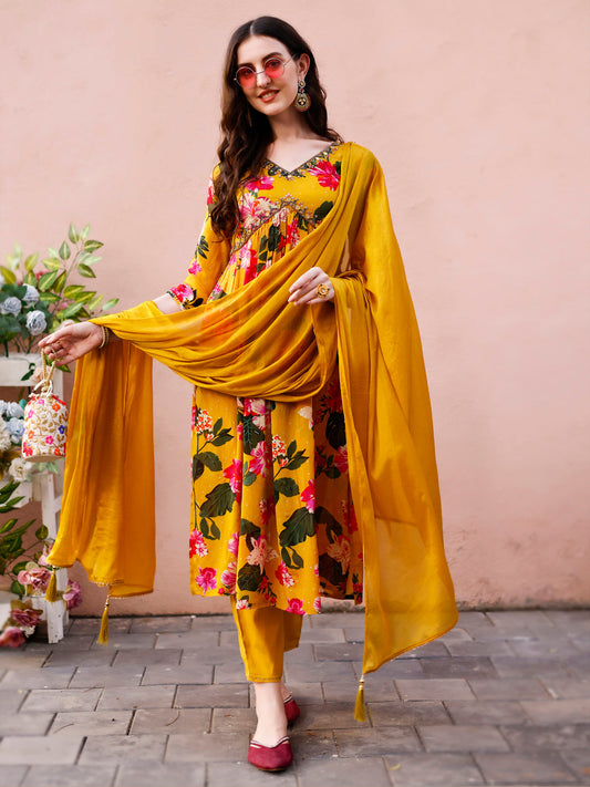 Alia Cut Hand Embroidered & Floral Printed Kurta With Pant & Dupatta Premium, Multicolor - Hiral Fashion