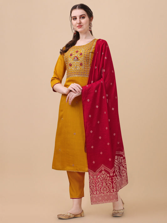 Hand Embroidered Kurta With Pant & Banarasi Dupatta, Multicolor - Hiral Fashion