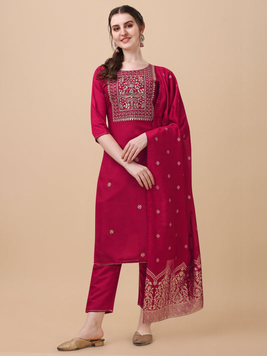 Hand Embroidered Kurta With Pant & Banarasi Dupatta, Multicolor - Hiral Fashion