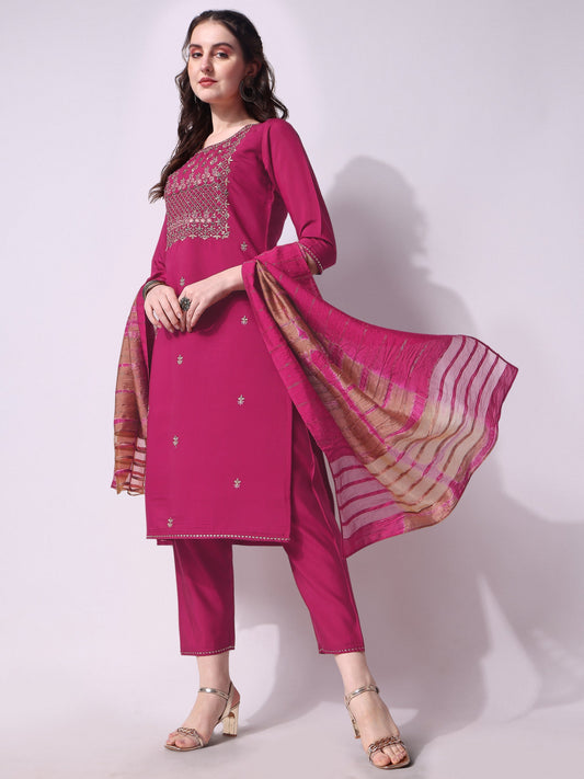 Embroidered Kurta With Pant & Dupatta Set, Multicolor - Hiral Fashion