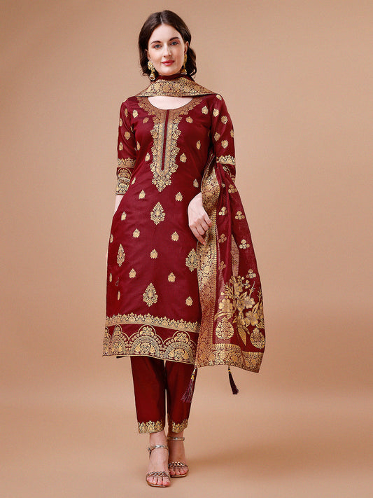 Pure Banarasi Chanderi Jacquard Kurta With Pant & Dupatta Set, Multicolor - Hiral Fashion