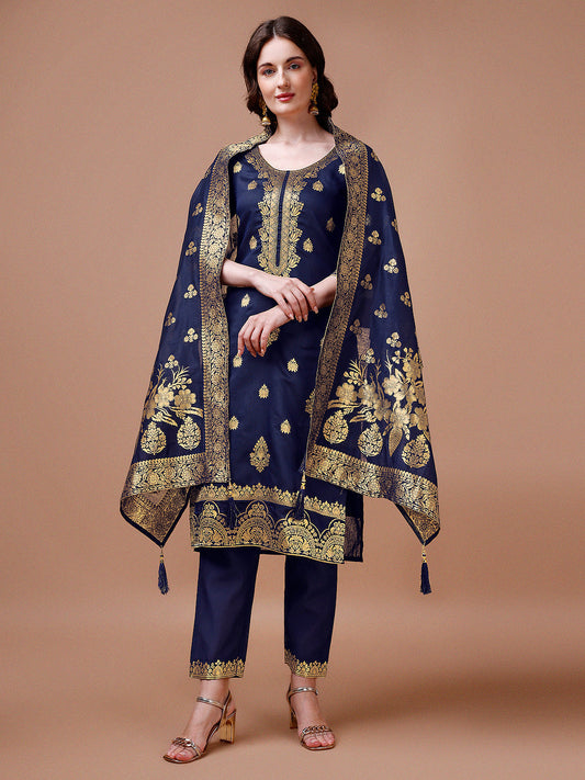 Pure Banarasi Chanderi Jacquard Kurta With Pant & Dupatta Set, Multicolor - Hiral Fashion