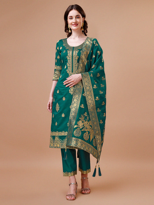 Pure Banarasi Chanderi Jacquard Kurta With Pant & Dupatta Set, Multicolor - Hiral Fashion