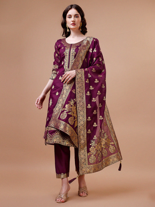 Pure Banarasi Chanderi Jacquard Kurta With Pant & Dupatta Set, Multicolor - Hiral Fashion
