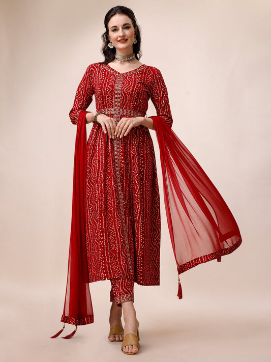 Bandhani Printed & Embroidered Front Slit Kurta,Pant,Dupatta & Belt Set, Multicolor - Hiral Fashion