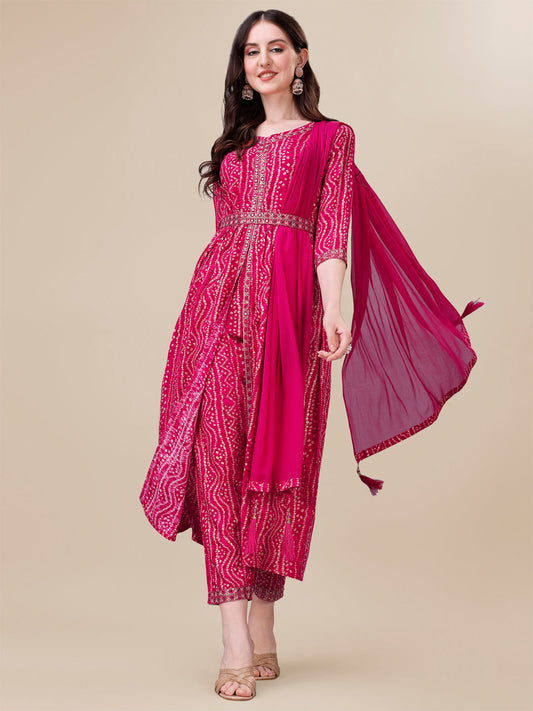 Printed & Embroidered Front Slit Kurta, Pant, Dupatta And Belt Set, Multicolor - Hiral Fashion