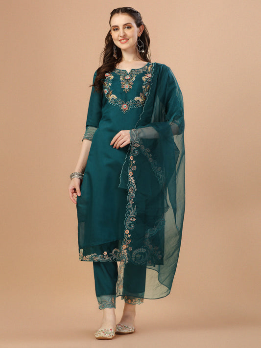 Hand Embroidered Kurta With Pant & Organza Premium Embroidered Dupatta, Multicolor - Hiral Fashion