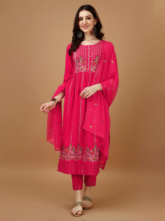Nyra Cut Embroidered Kurta With Pant & Organza Embroidered Dupatta Luxury, Multicolor - Hiral Fashion
