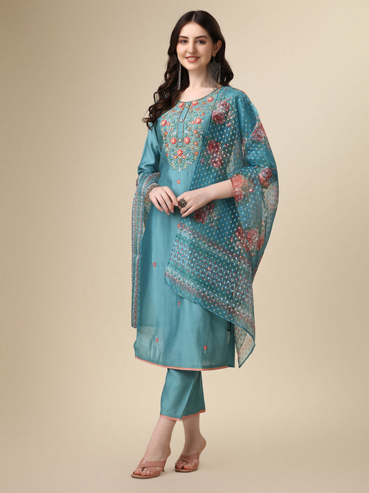 Hand Embroidered Kurta With Pant & Printed Dupatta Set, Multicolor - Hiral Fashion