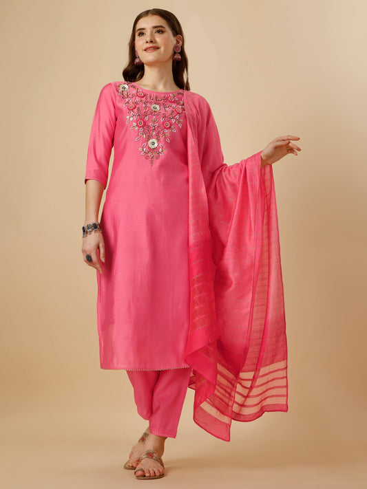 Embroidered Kurta With Pant And Dupatta Set, Multicolor - Hiral Fashion
