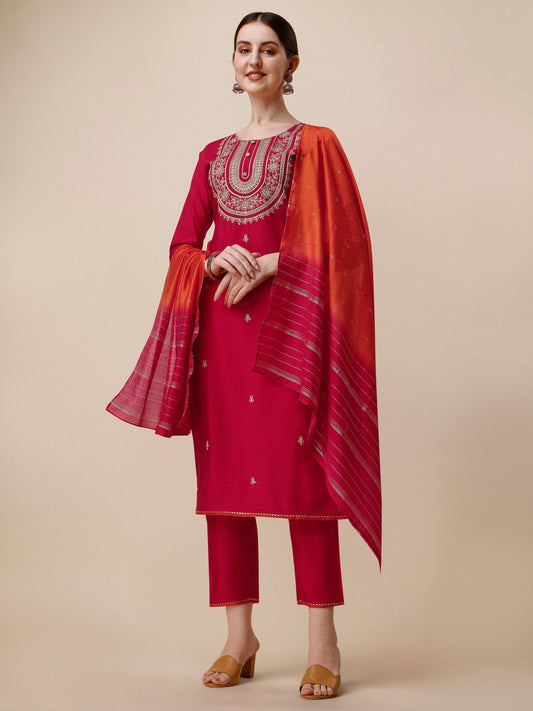 Embroidered Kurta With Pant And Dupatta Set, Multicolor - Hiral Fashion