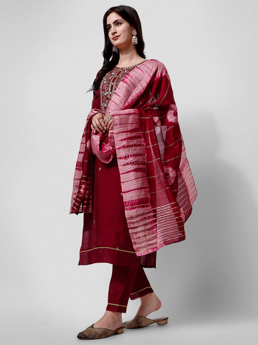 Embroidered Kurta With Pant And Dupatta Set, Multicolor - Hiral Fashion