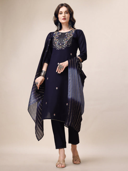 Hand Embroidered Kurta With Pant & Dupatta, Multicolor - Hiral Fashion