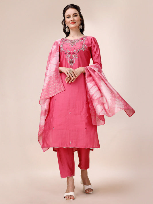 Hand Embroidered & Embroidered Kurta With Pant & 2 Toned Dyed Dupatta, Multicolor - Hiral Fashion