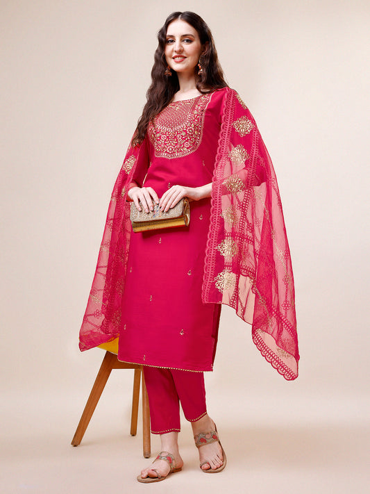 Embroidered Kurta With Pant And Dupatta Set, Multicolor - Hiral Fashion