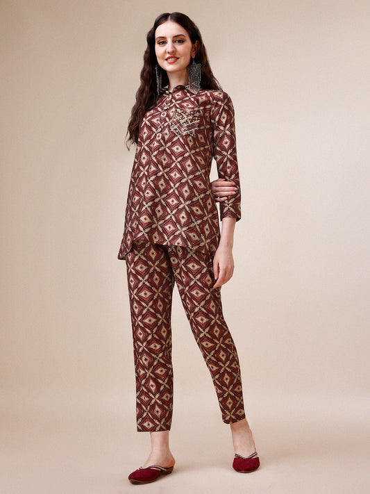 Hand Embroidered & Printed Collar 2 Piece Co-Ords Set, Multicolor - Hiral Fashion