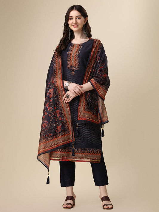 Printed & Hand Embroidered Kurta With Pant And Printed Dupatta Set, Multicolor - Hiral Fashion