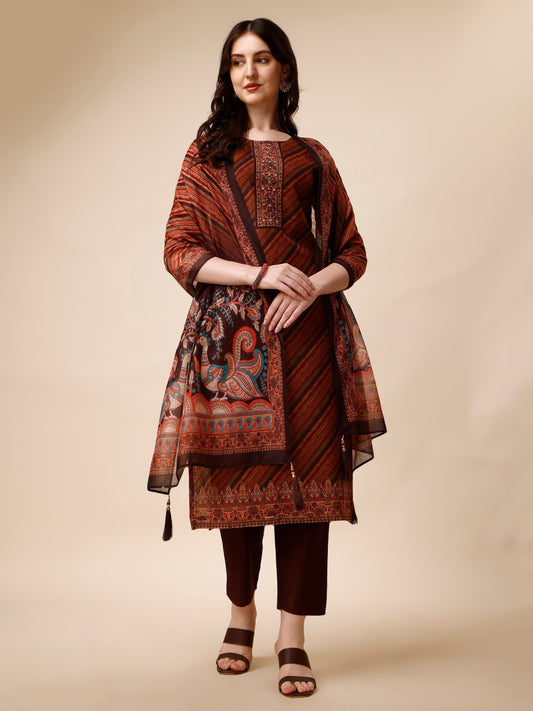 Leheriya Printed & Embroidered Kurta With Pant And Dupatta Set, Multicolor - Hiral Fashion