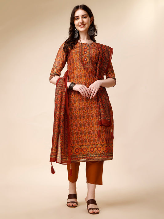 Ethnic Motif Printed & Embroidered Kurta With Pant & Dupatta Set, Multicolor - Hiral Fashion