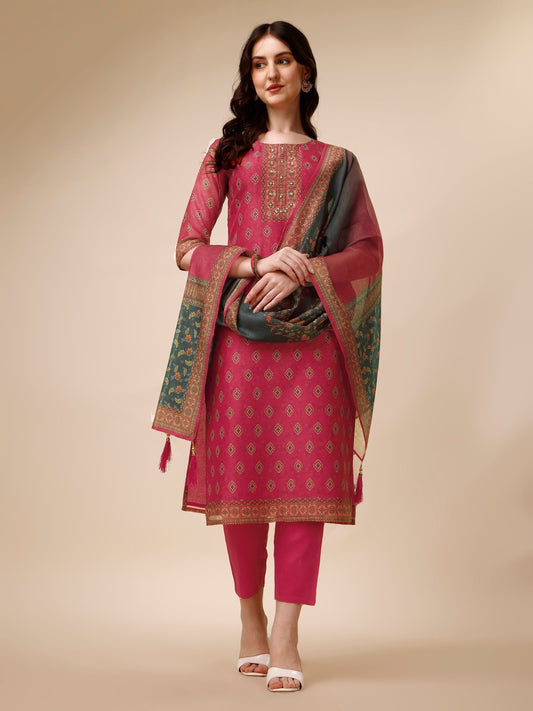 Printed & Embroidered Kurta With Pant & Dupatta Set, Multicolor - Hiral Fashion